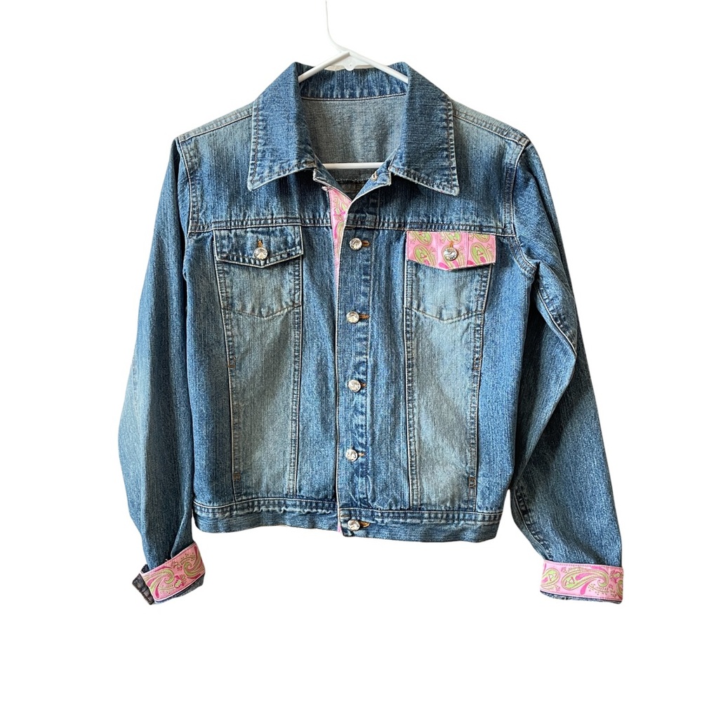 UPCYCLED MED-LT WASH DENIM JEANS JACKET PINK PAISLEY RIBBON AND CRYSTAL BUTTONS